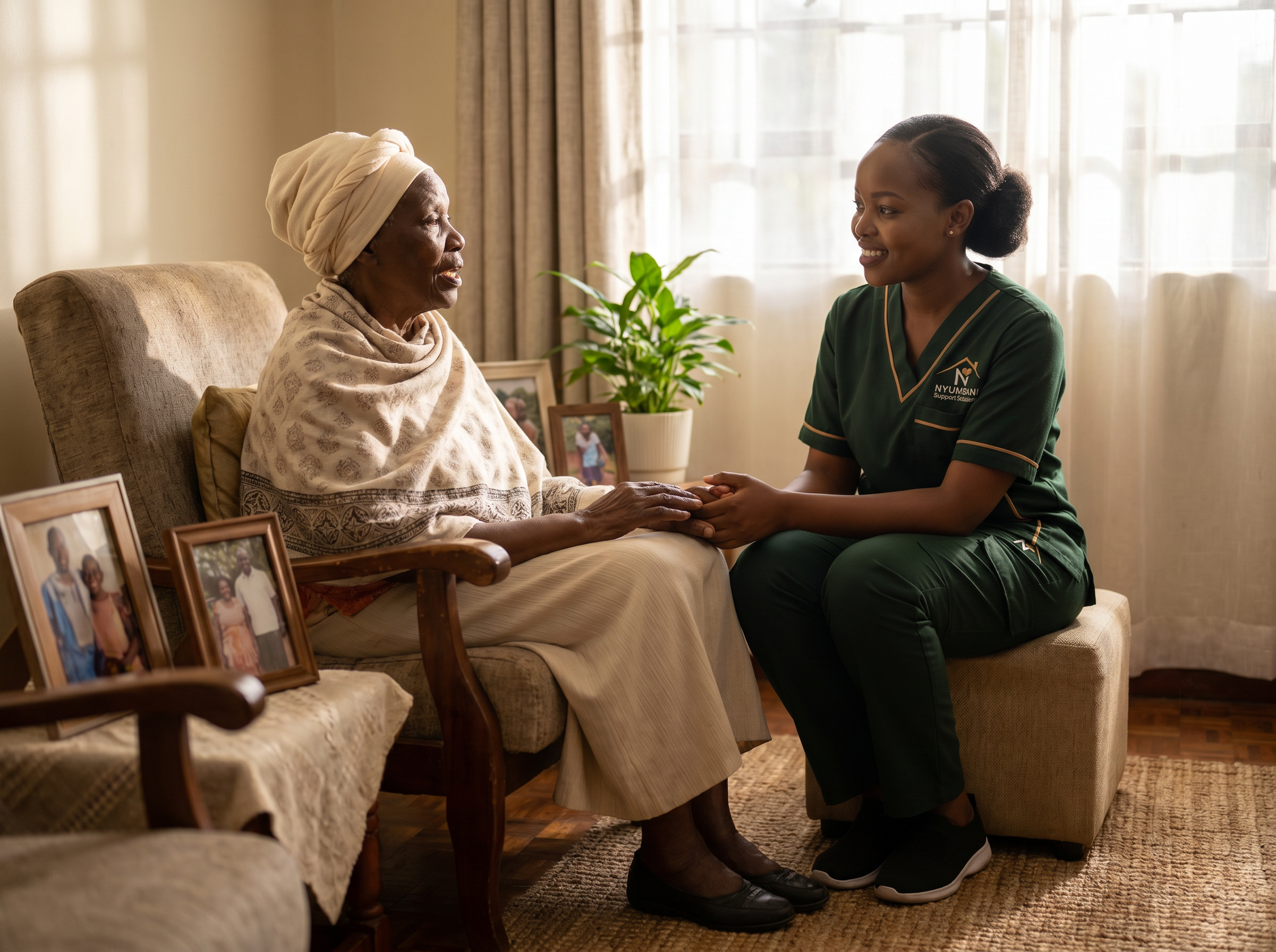A caregiver supporting an elderly Kenyan gentleman at home