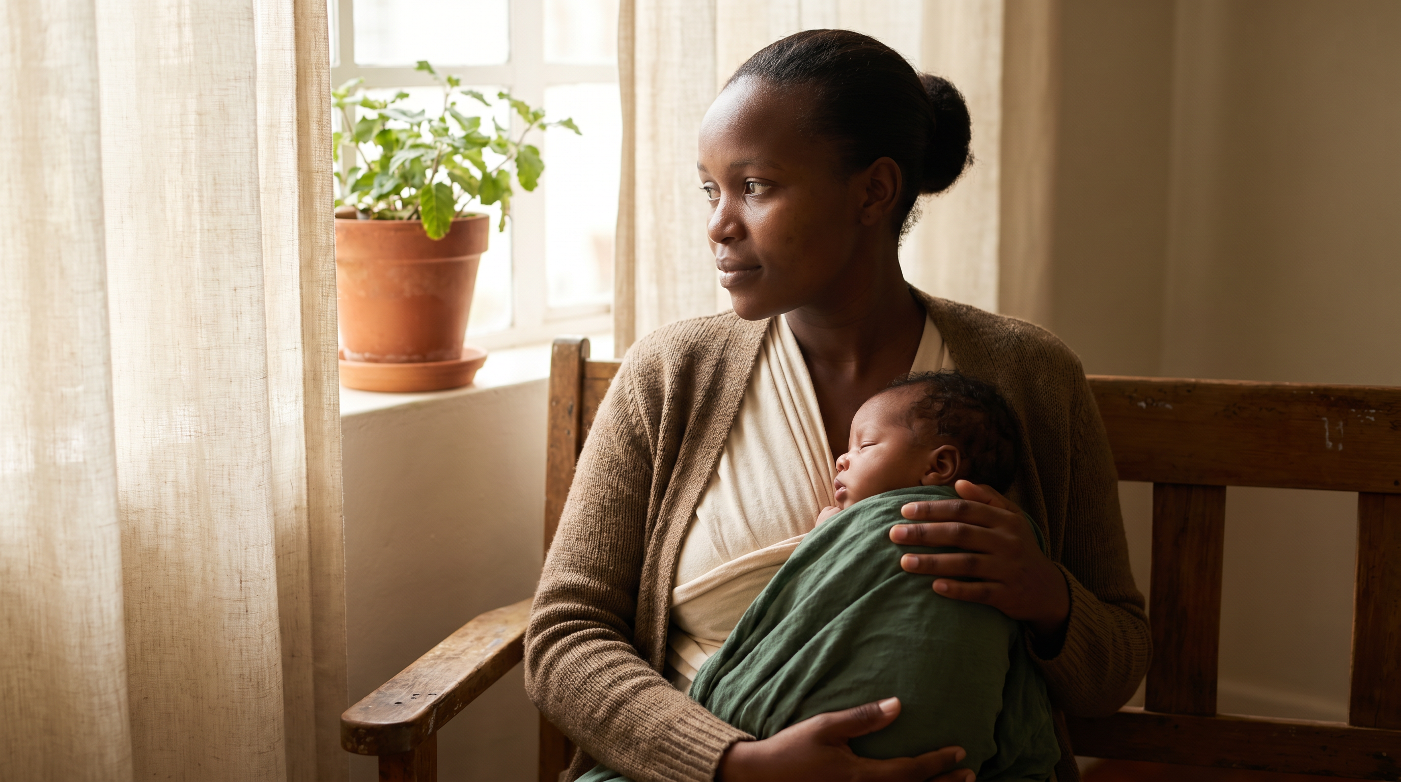 A Kenyan mother seated quietly by a window, gently holding her baby