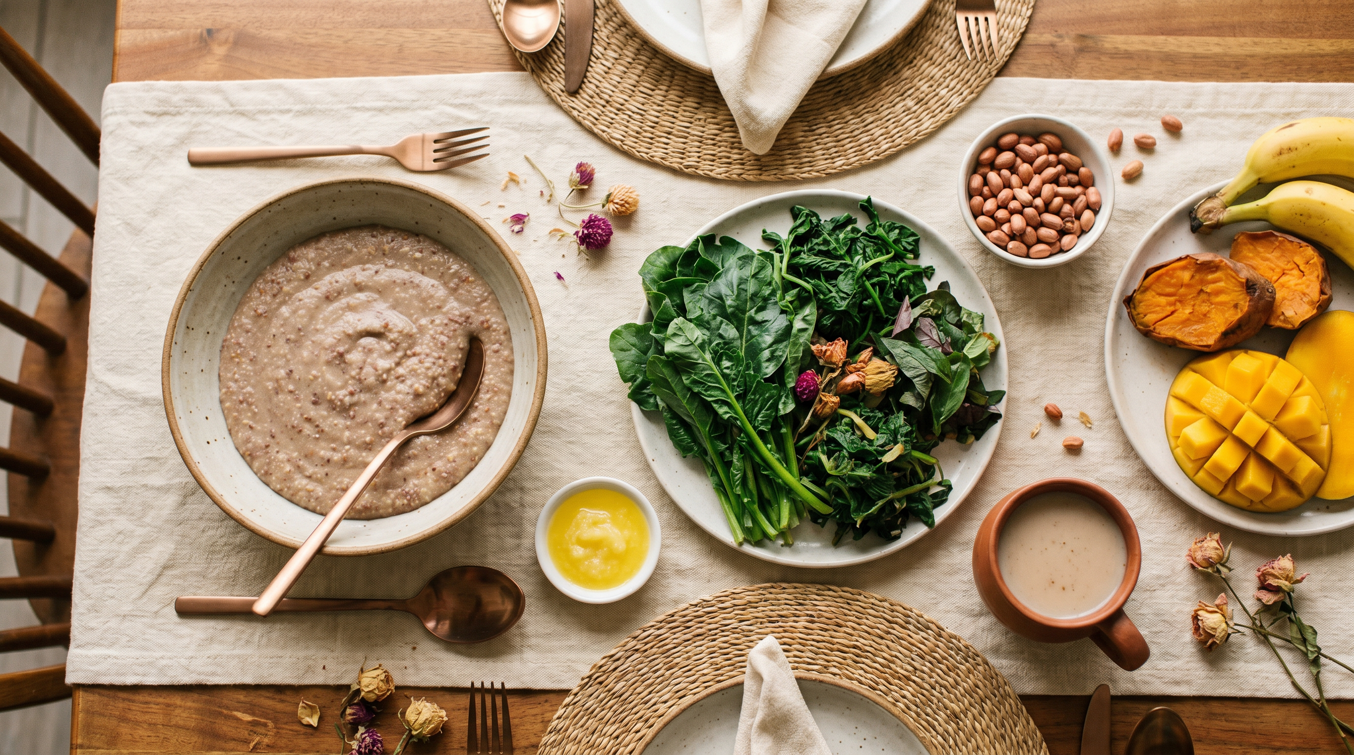 African pregnancy-nourishing foods on a wooden table