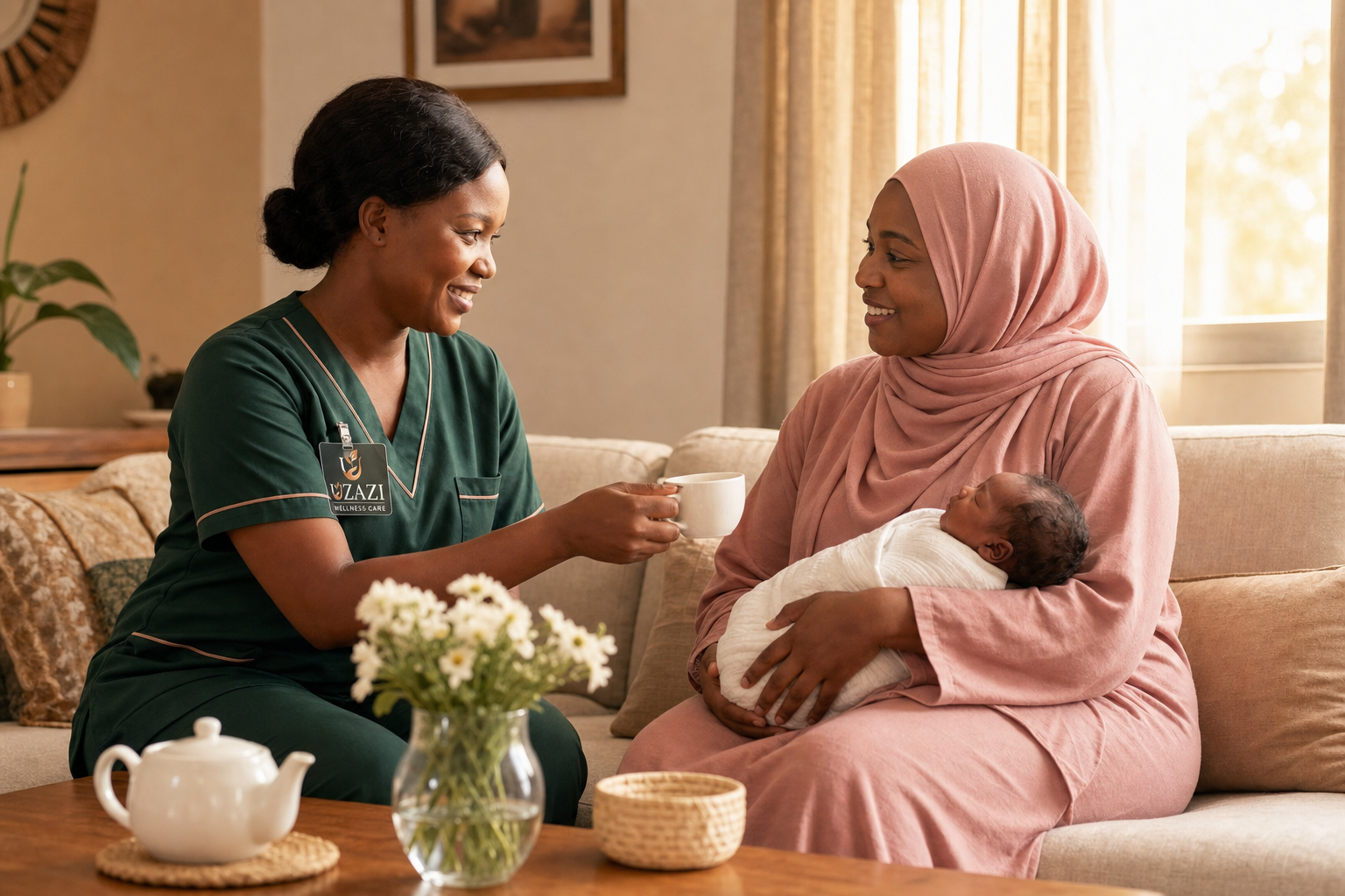 A Kenyan caregiver in green uniform shares a warm moment with a Muslim mother in a soft pink hijab who is holding her newborn baby, in a sunlit family living room